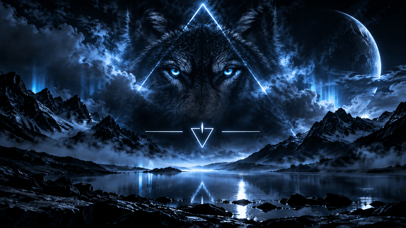A blue-eyed wolf above a moonlit mountain valley and still lake, framed by luminous geometric symbols.